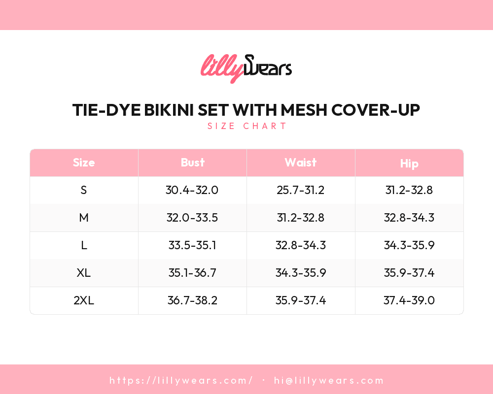 Tie-Dye Bikini Set with Mesh Cover-Up size chart