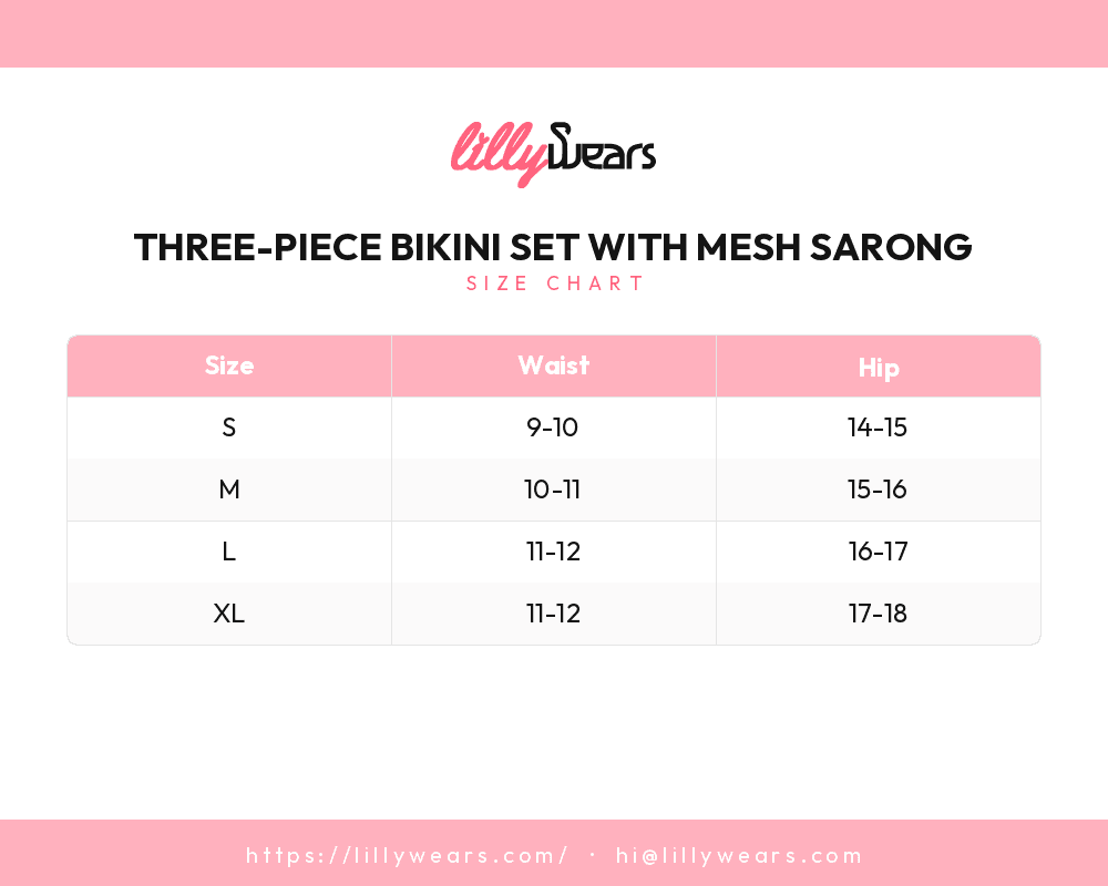 Three-Piece Bikini Set with Mesh Sarong size chart