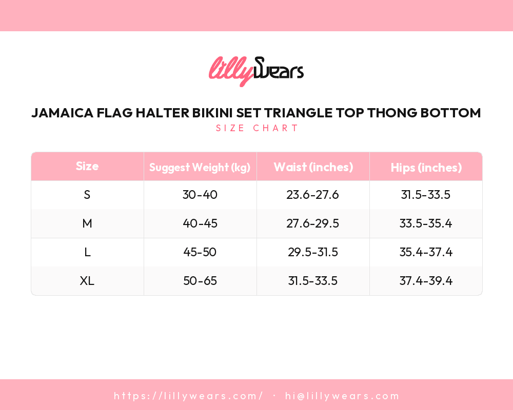 Jamaica Flag Halter Bikini Set Triangle Top Thong Bottom size chart