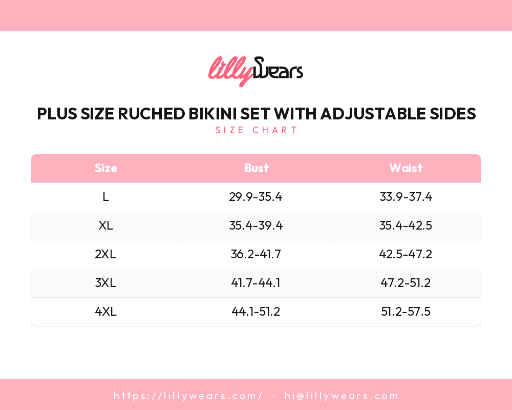 Plus Size Ruched Bikini Set with Adjustable Sides size chart