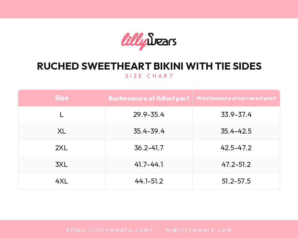 Ruched Sweetheart Bikini with Tie Sides size chart