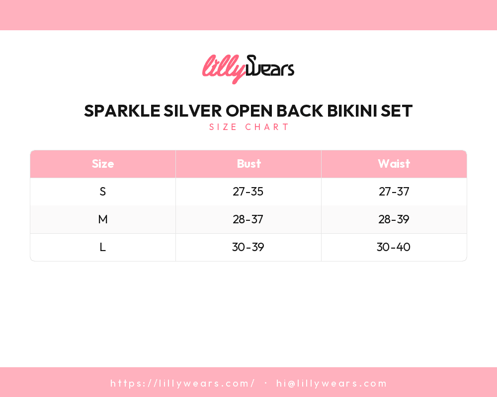 Sparkle Silver Open Back Bikini Set size chart