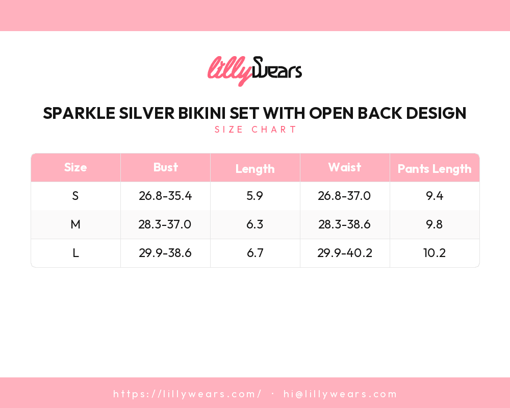 Sparkle Silver Bikini Set with Open Back Design size chart