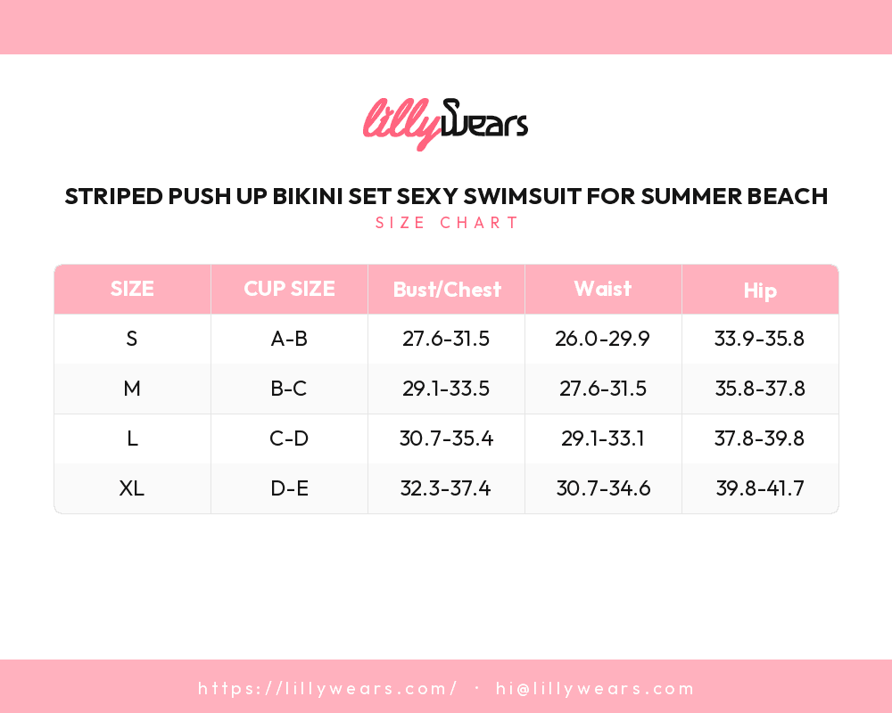 Striped Push Up Bikini Set Sexy Swimsuit for Summer Beach size chart