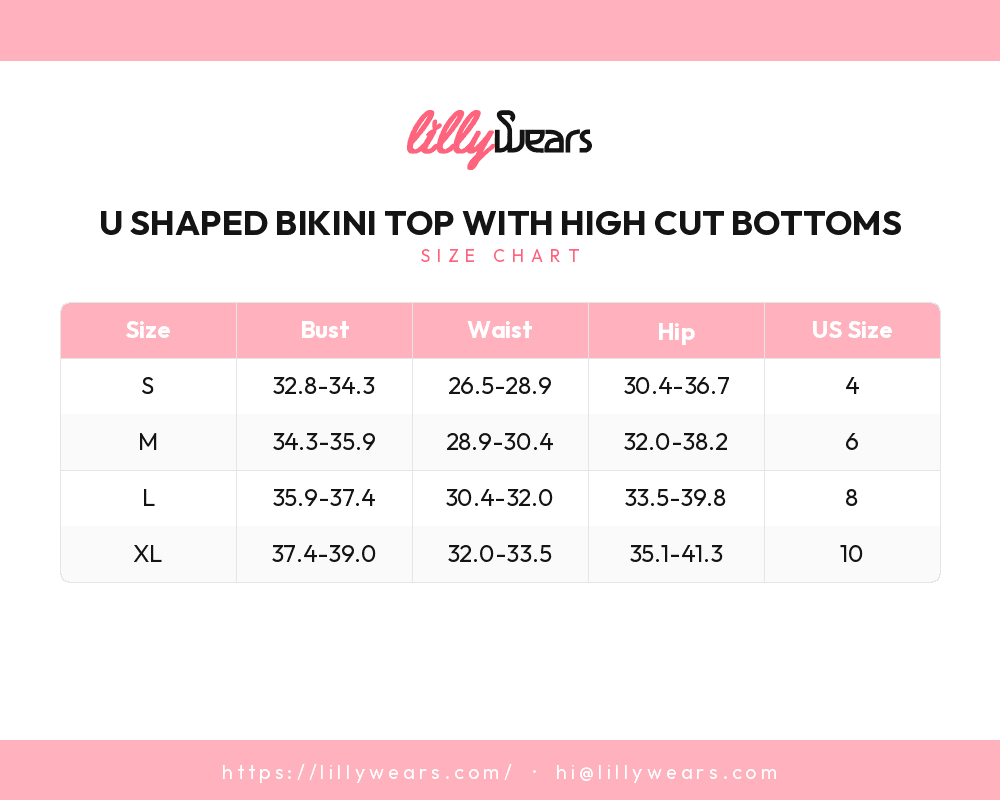 U Shaped Bikini Top with High Cut Bottoms size chart