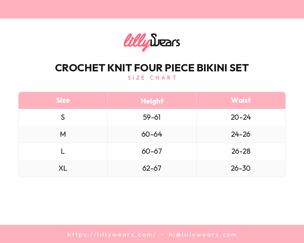 Crochet Knit Four Piece Bikini Set size chart