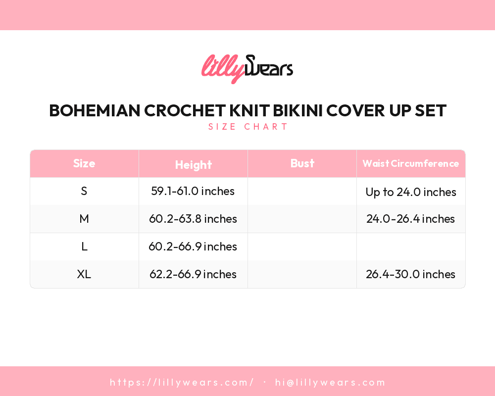 Bohemian Crochet Knit Bikini Cover Up Set size chart