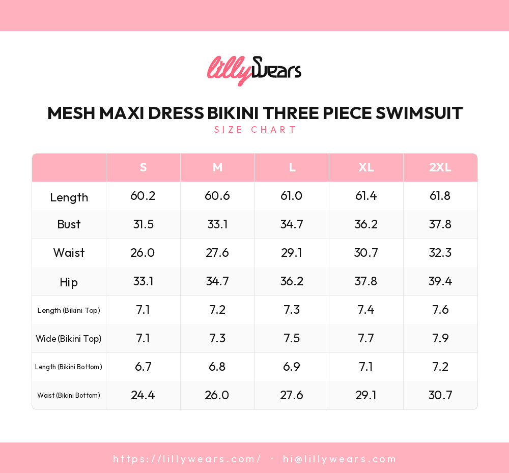 Mesh Maxi Dress Bikini Three Piece Swimsuit size chart