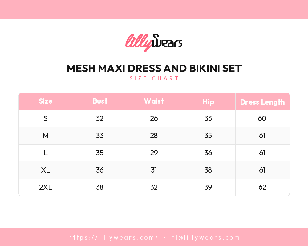 Mesh Maxi Dress and Bikini Set size chart