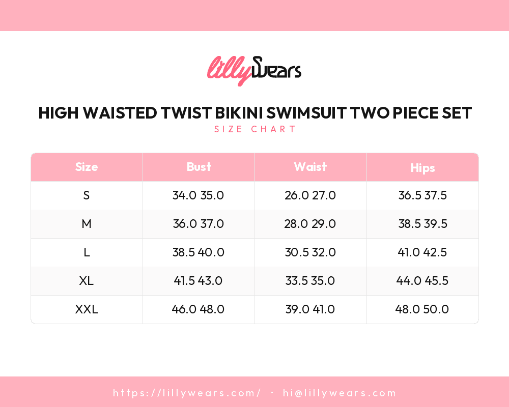 High Waisted Twist Bikini Swimsuit Two Piece Set size chart