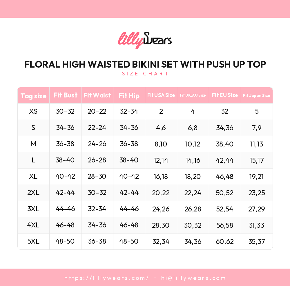 Floral High Waisted Bikini Set with Push Up Top size chart