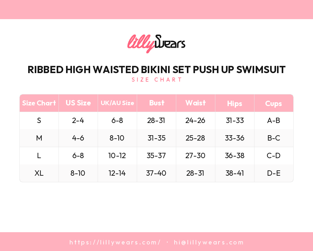 Ribbed High Waisted Bikini Set Push Up Swimsuit size chart
