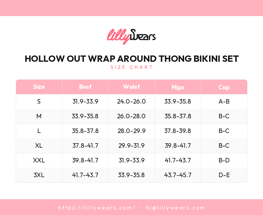 Hollow Out Wrap Around Thong Bikini Set size chart