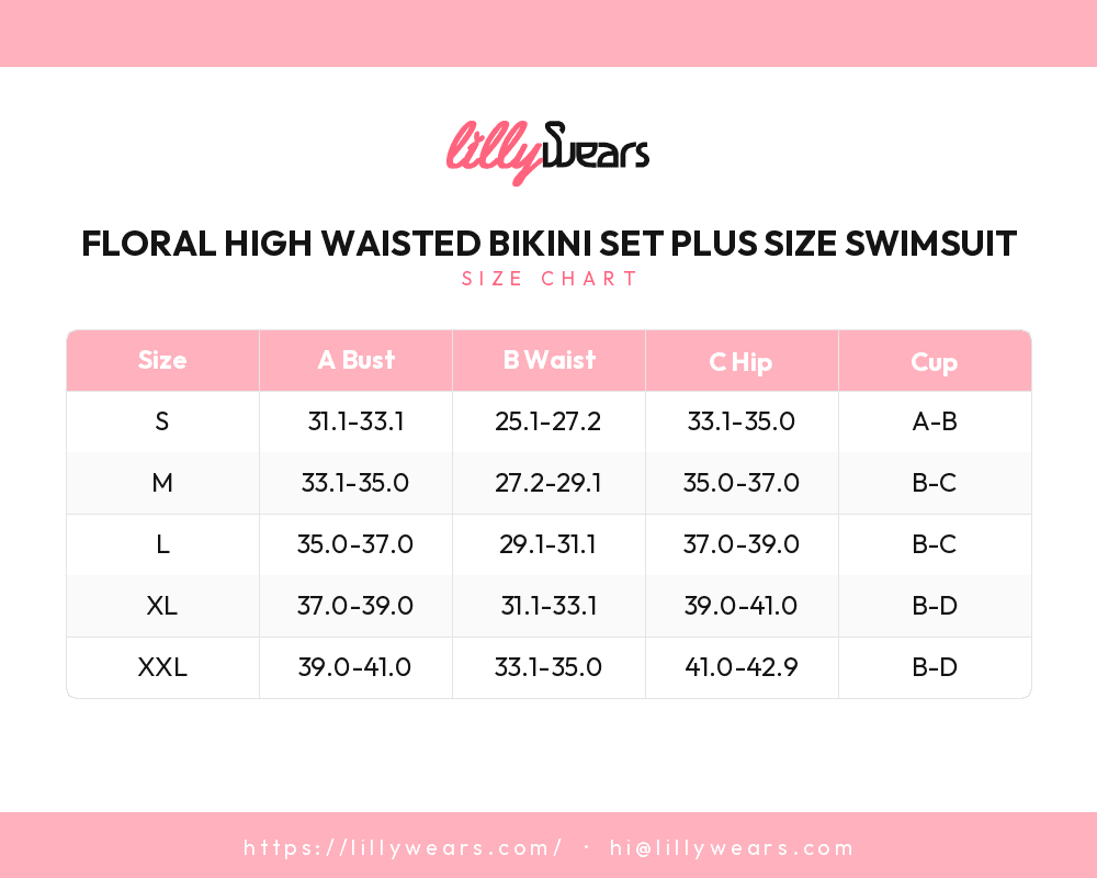 Floral High Waisted Bikini Set Plus Size Swimsuit size chart