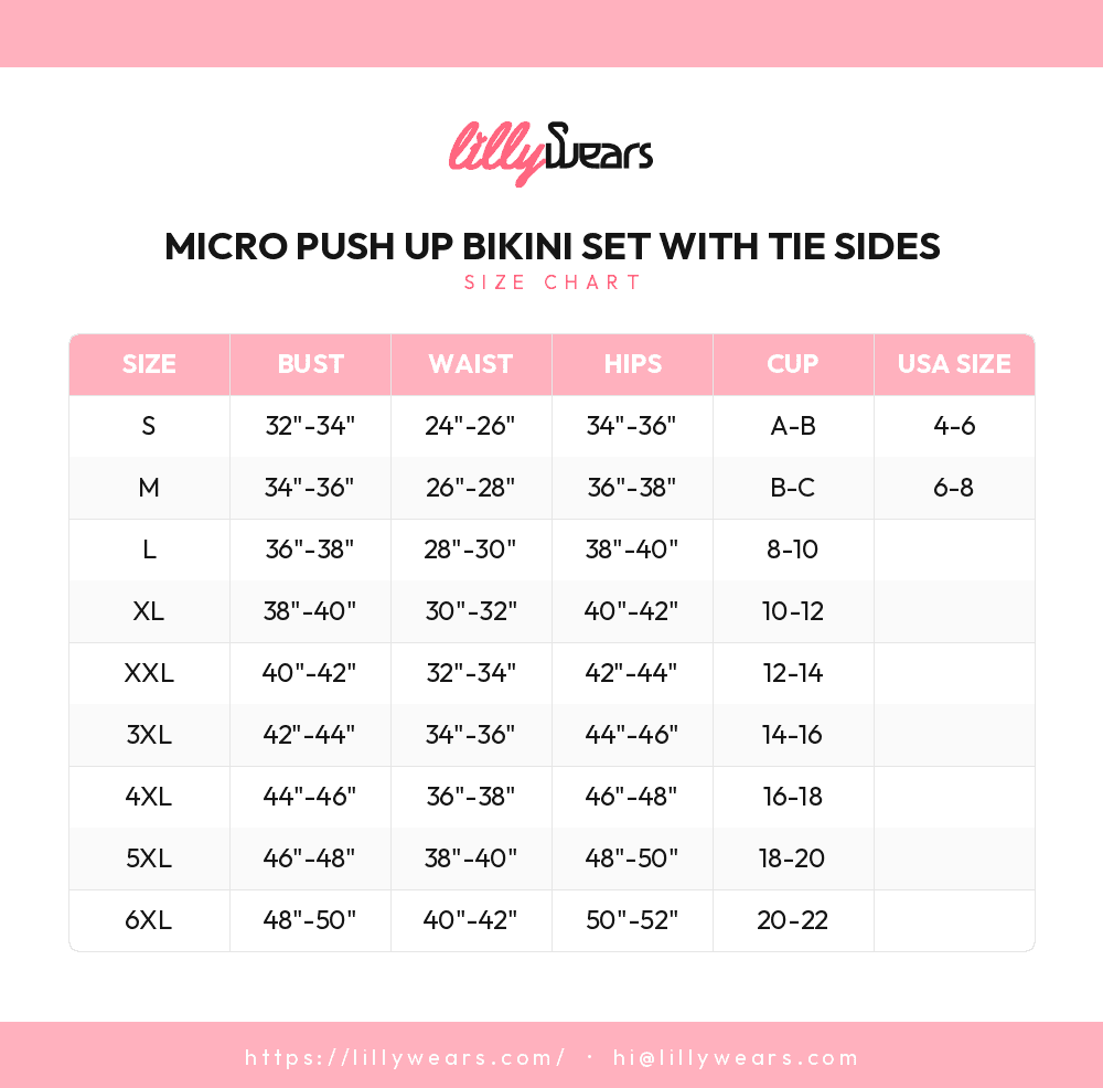 Micro Push Up Bikini Set with Tie Sides size chart