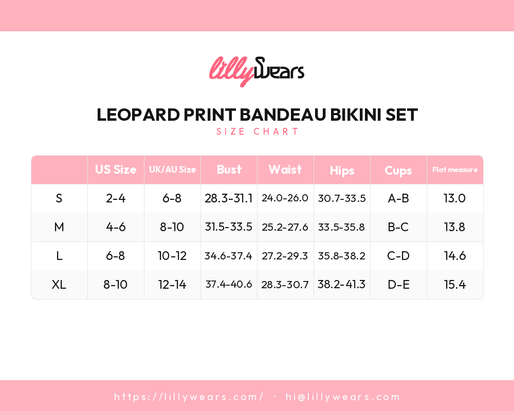 Leopard Print Bandeau Bikini Set size chart
