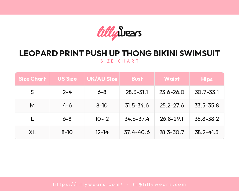 Leopard Print Push Up Thong Bikini Swimsuit size chart