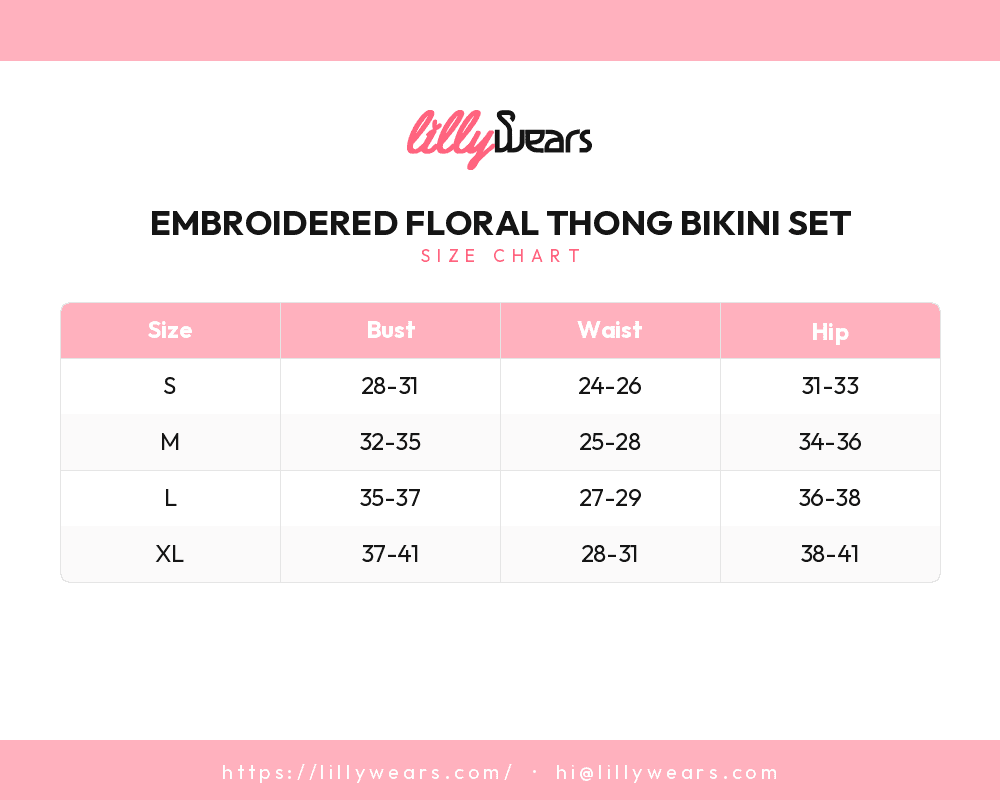 Embroidered Floral Thong Bikini Set size chart