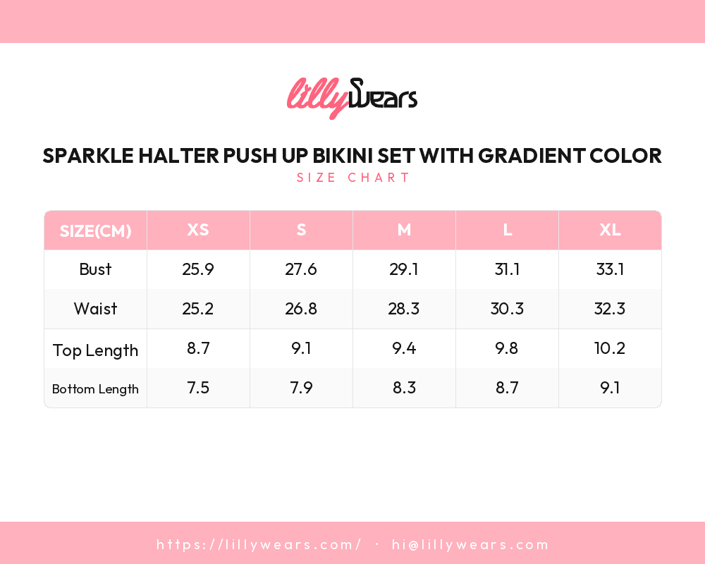 Sparkle Halter Push Up Bikini Set with Gradient Color size chart