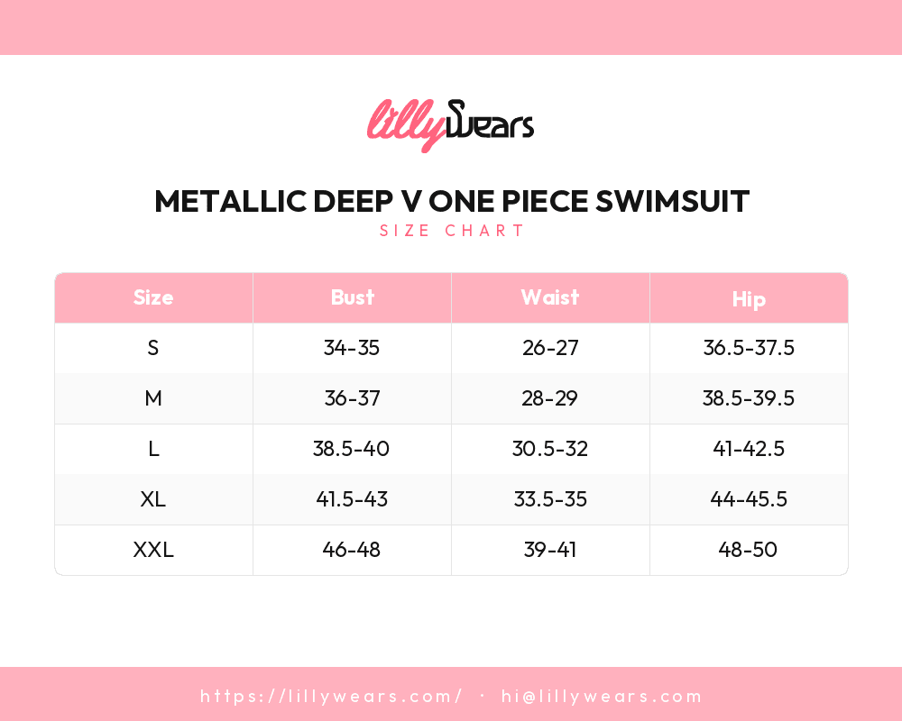 Metallic Deep V One Piece Swimsuit size chart