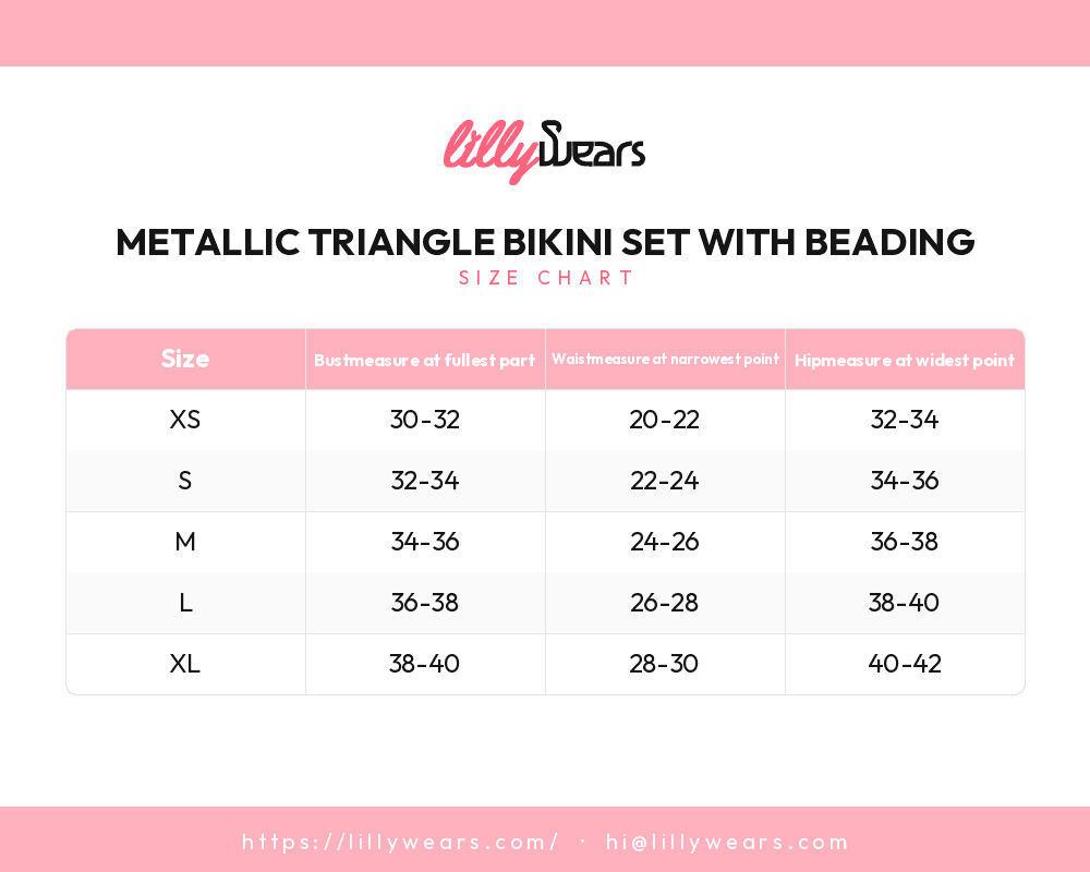Metallic Triangle Bikini Set with Beading size chart