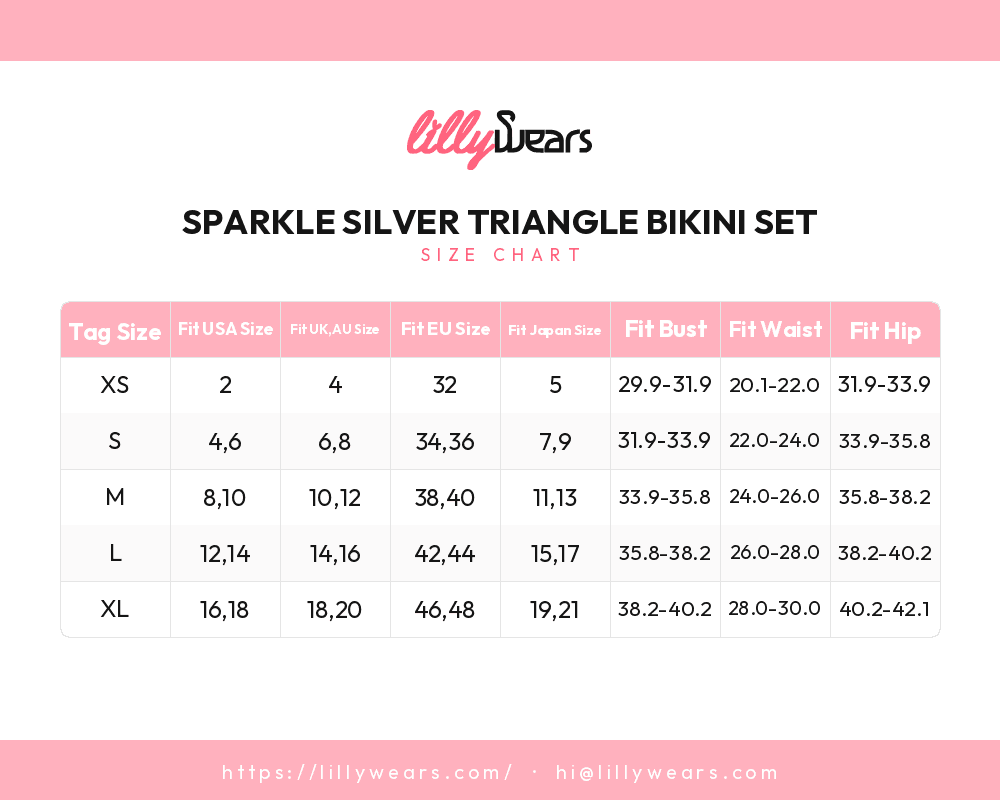 Sparkle Silver Triangle Bikini Set size chart