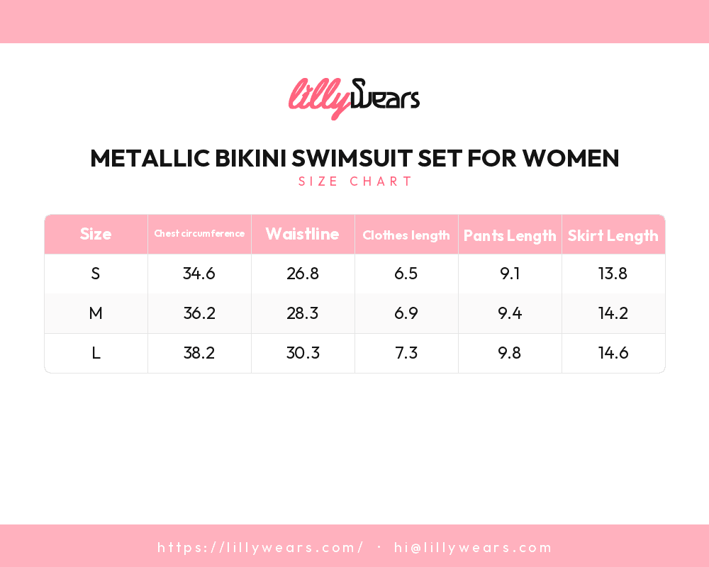 Metallic Bikini Swimsuit Set for Women size chart
