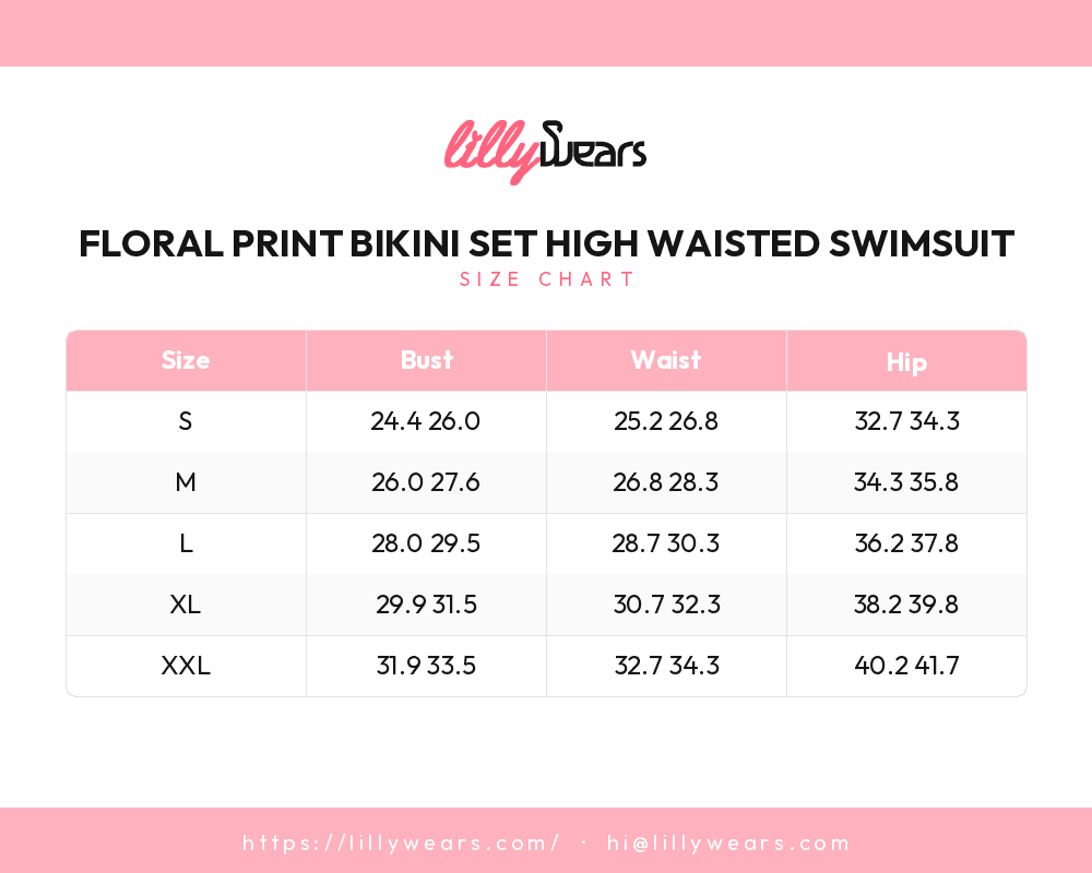 Floral Print Bikini Set High Waisted Swimsuit size chart