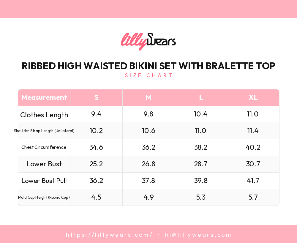 Ribbed High Waisted Bikini Set with Bralette Top size chart