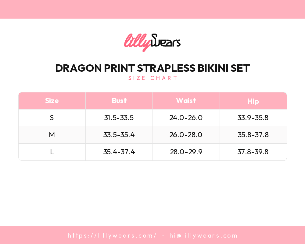 Dragon Print Strapless Bikini Set size chart