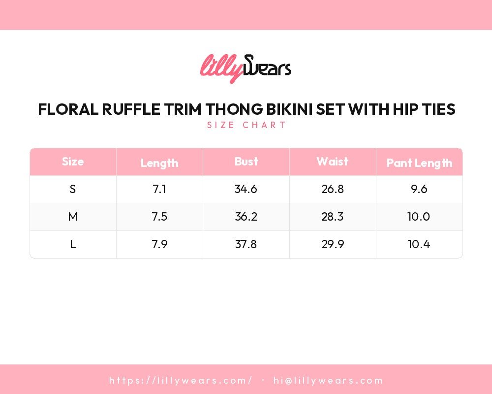 Floral Ruffle Trim Thong Bikini Set with Hip Ties size chart