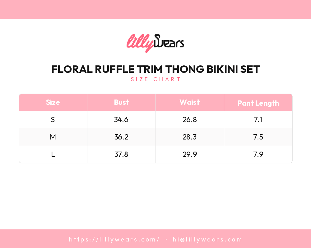 Floral Ruffle Trim Thong Bikini Set size chart
