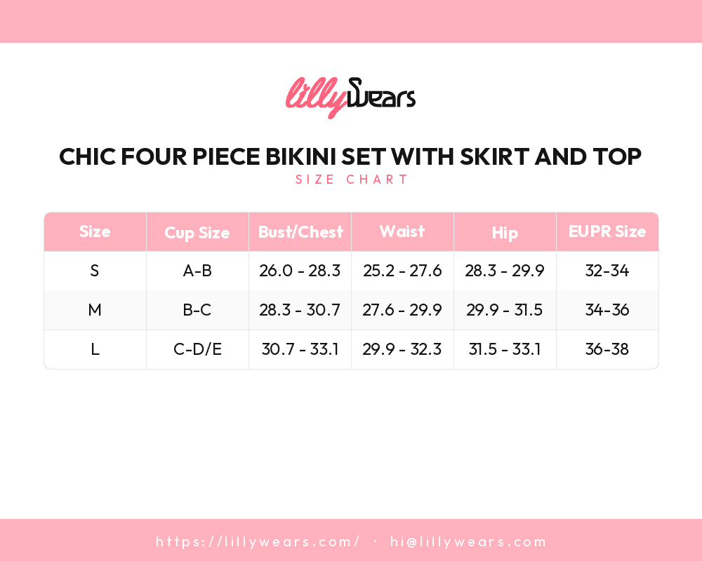 Chic Four Piece Bikini Set with Skirt and Top size chart