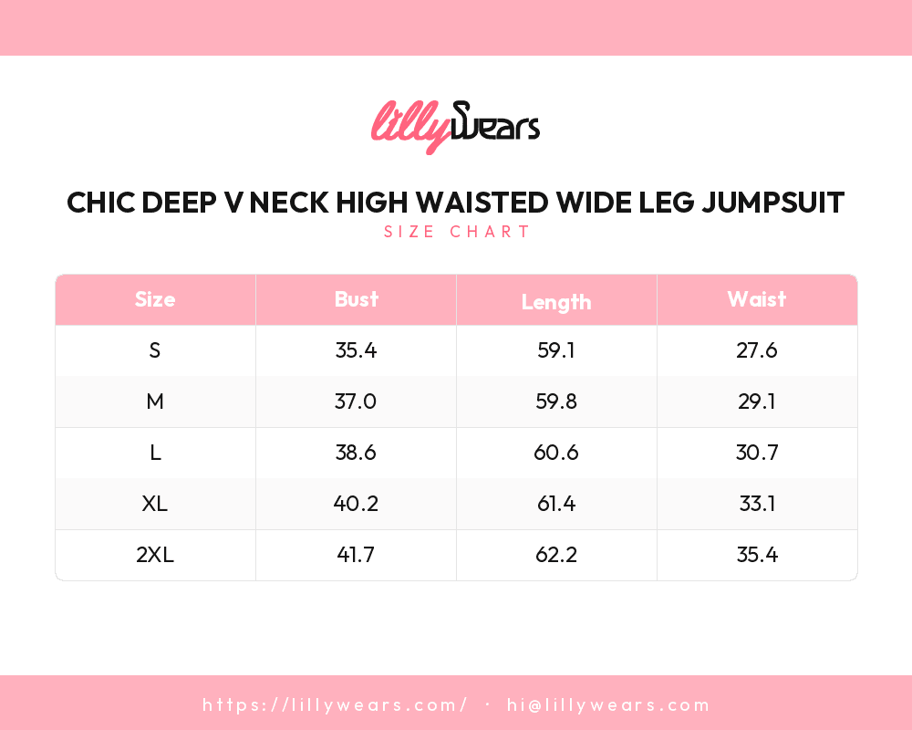 Chic Deep V Neck High Waisted Wide Leg Jumpsuit size chart