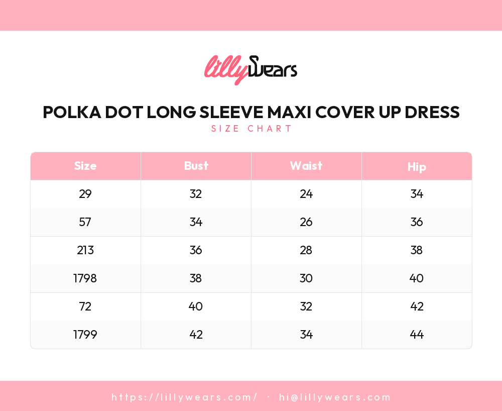 Polka Dot Long Sleeve Maxi Cover Up Dress size chart