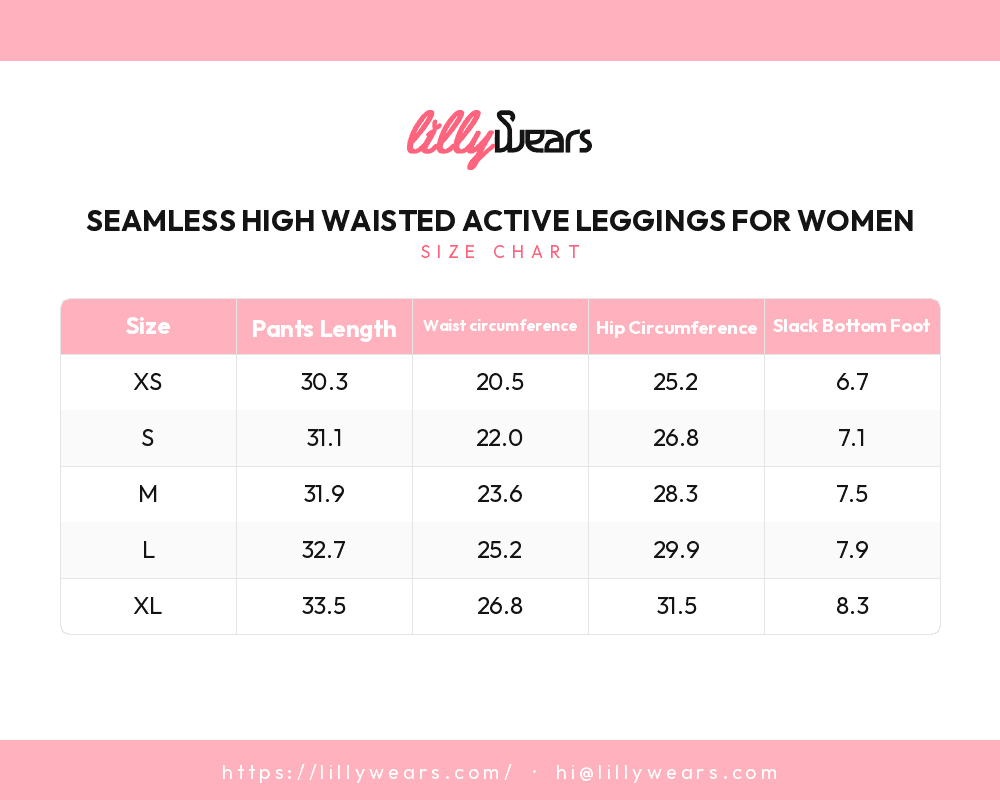 Seamless High Waisted Active Leggings for Women size chart