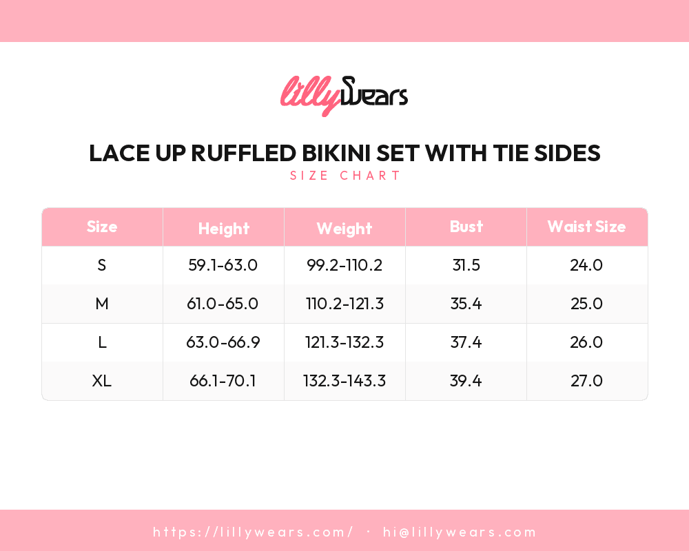 Lace Up Ruffled Bikini Set with Tie Sides size chart