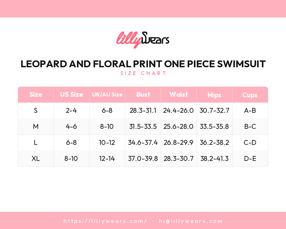Leopard and Floral Print One Piece Swimsuit size chart