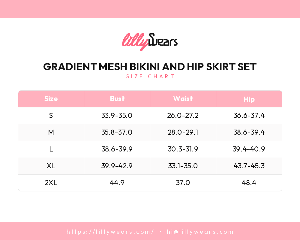 Gradient Mesh Bikini and Hip Skirt Set size chart