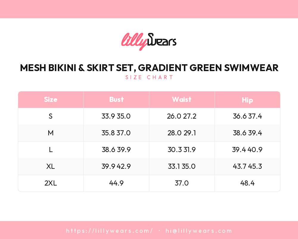 Mesh Bikini & Skirt Set, Gradient Green Swimwear size chart