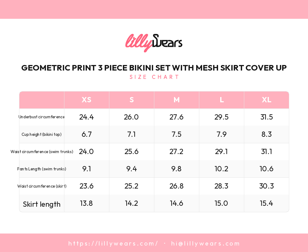Geometric Print 3 Piece Bikini Set with Mesh Skirt Cover Up size chart