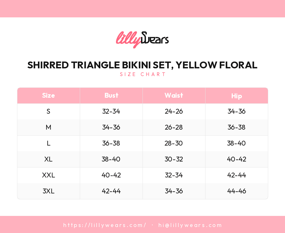 Shirred Triangle Bikini Set, Yellow Floral size chart