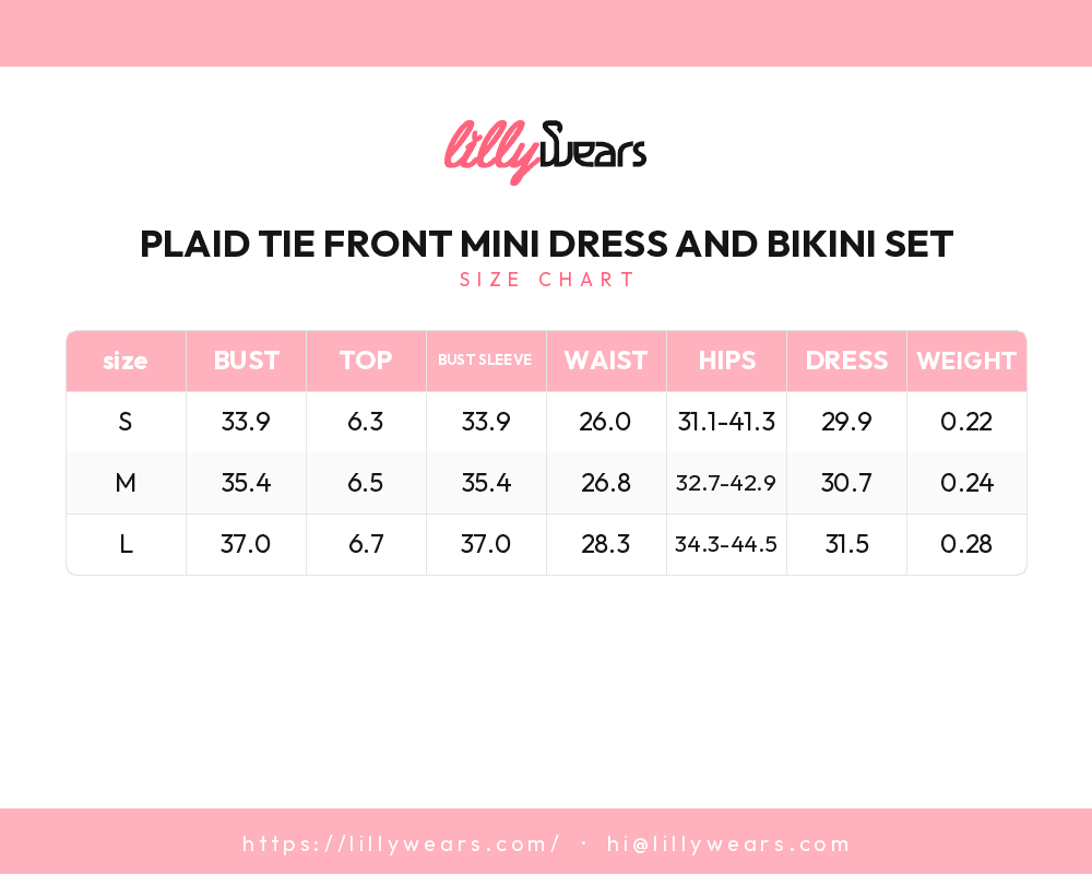 Plaid Tie Front Mini Dress and Bikini Set size chart