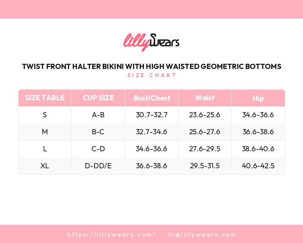 Twist Front Halter Bikini with High Waisted Geometric Bottoms size chart