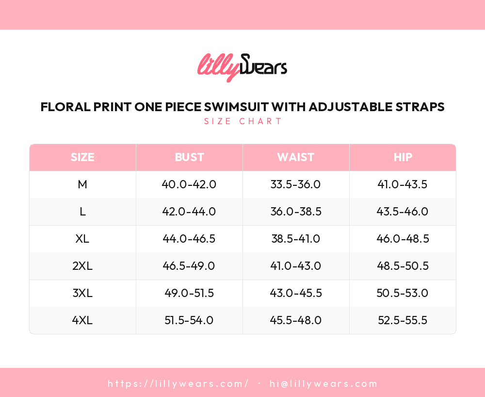 Floral Print One Piece Swimsuit with Adjustable Straps size chart