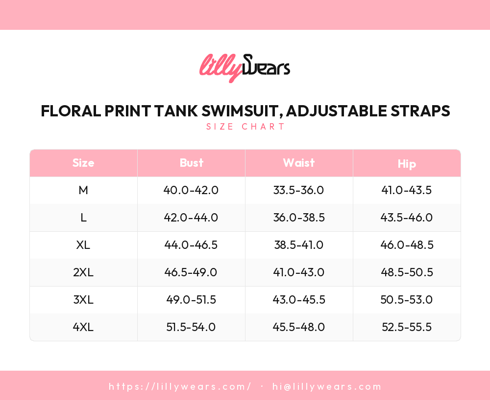 Floral Print Tank Swimsuit, Adjustable Straps size chart