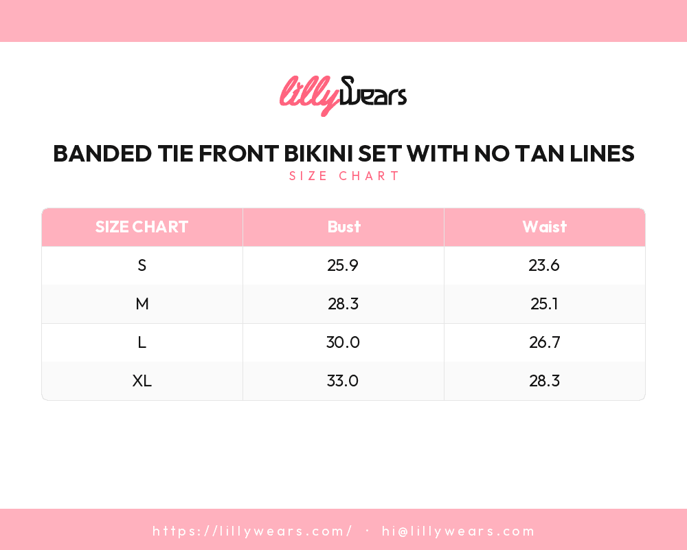 Banded Tie Front Bikini Set with No Tan Lines size chart