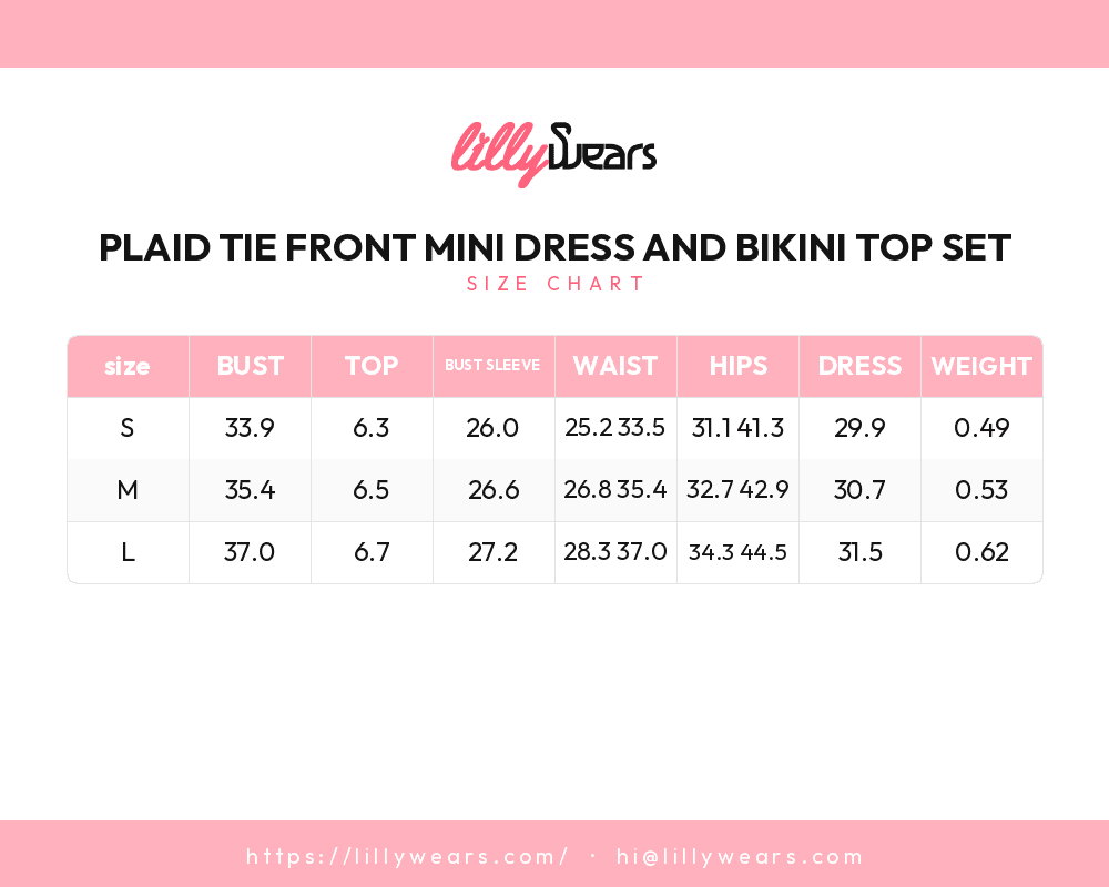 Plaid Tie Front Mini Dress and Bikini Top Set size chart