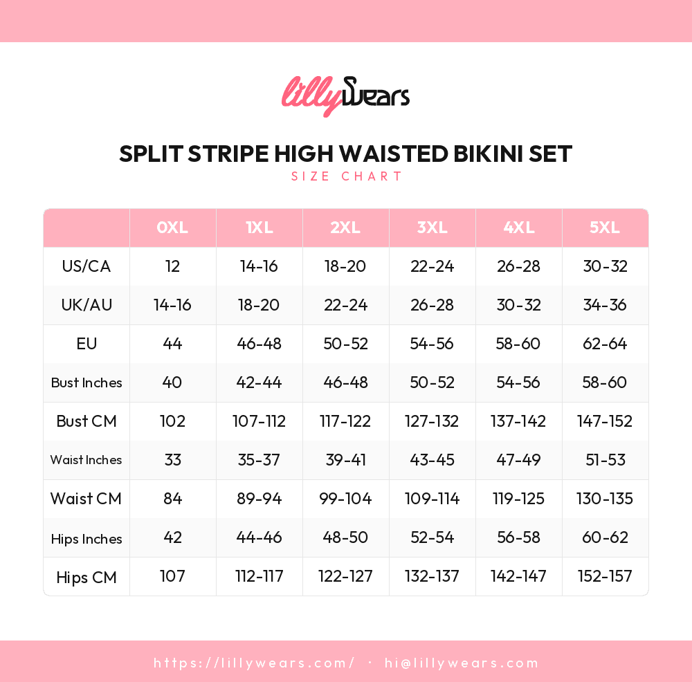 Split Stripe High Waisted Bikini Set size chart