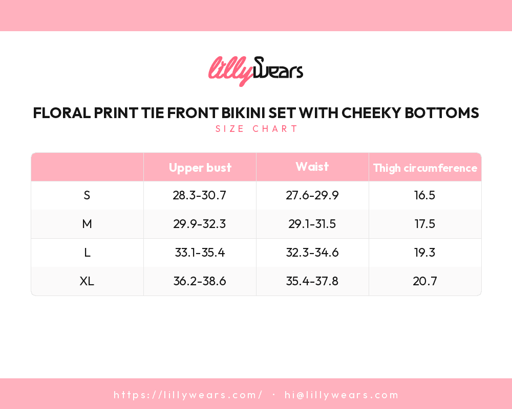 Floral Print Tie Front Bikini Set with Cheeky Bottoms size chart